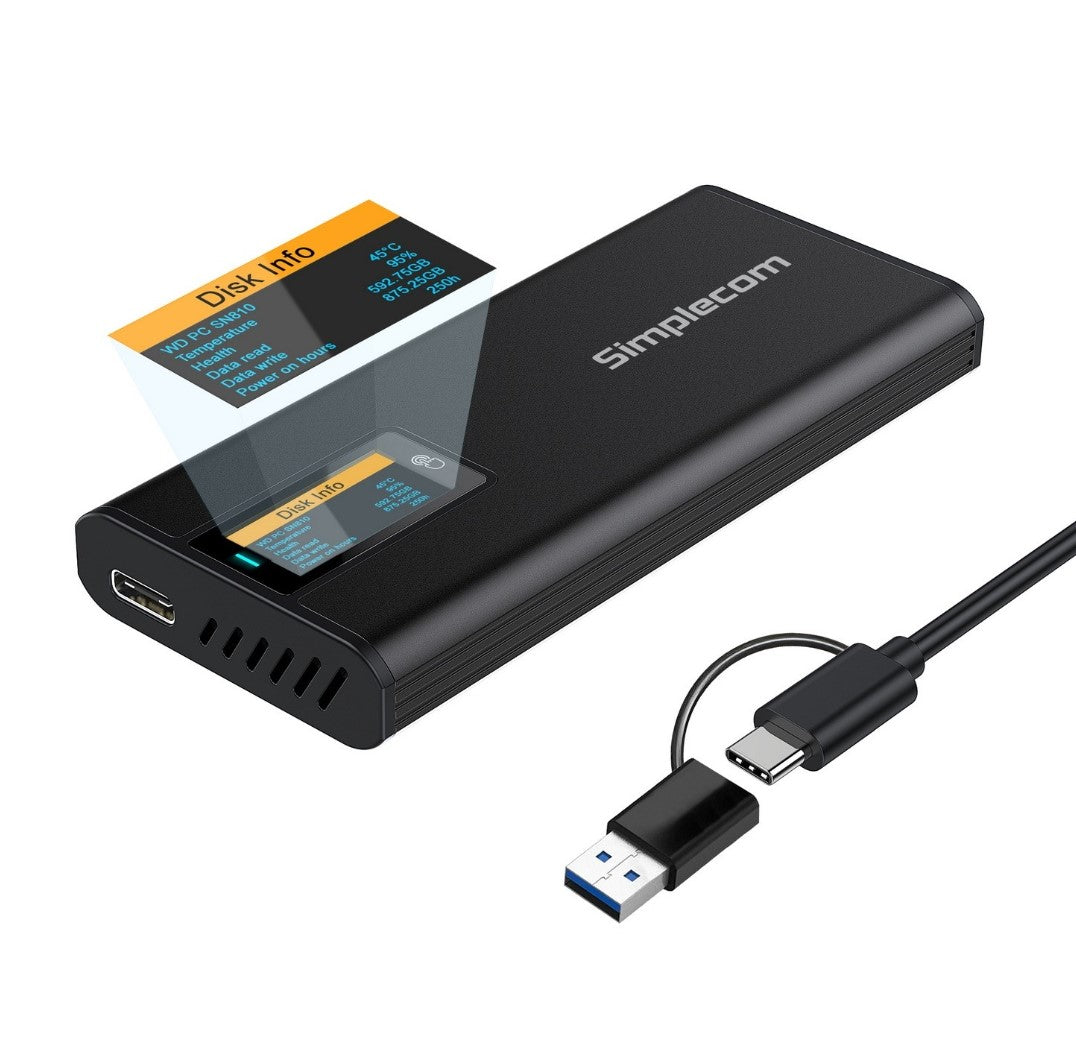 Simplecom SE530 NVMe / SATA M.2 SSD to USB-C Enclosure with SMART LED Screen USB 3.2 Gen 2 10Gbps Simplecom SE530 NVMe / SATA M.2 SSD to USB-C Enclosure with SMART LED Screen USB 3.2 Gen 2 10Gbps